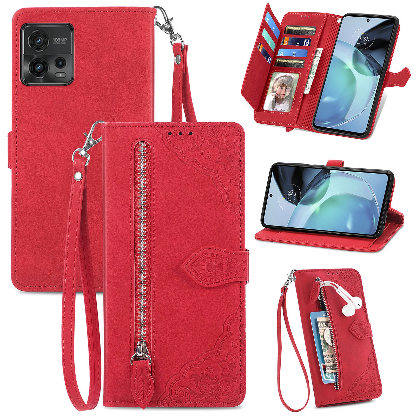 Pro Motorola Moto G72 4G Květinový vzor s potiskem Kapsa na zip Kryt mobilního telefonu Stojánek Nárazuvzdorný Flip Kožená Peněženka Pro Motorola Moto G72 4G Květinový vzor s potiskem Kapsa na zip Kryt mobilního telefonu Stojánek Nárazuvzdorný Flip Kožená Peněženka